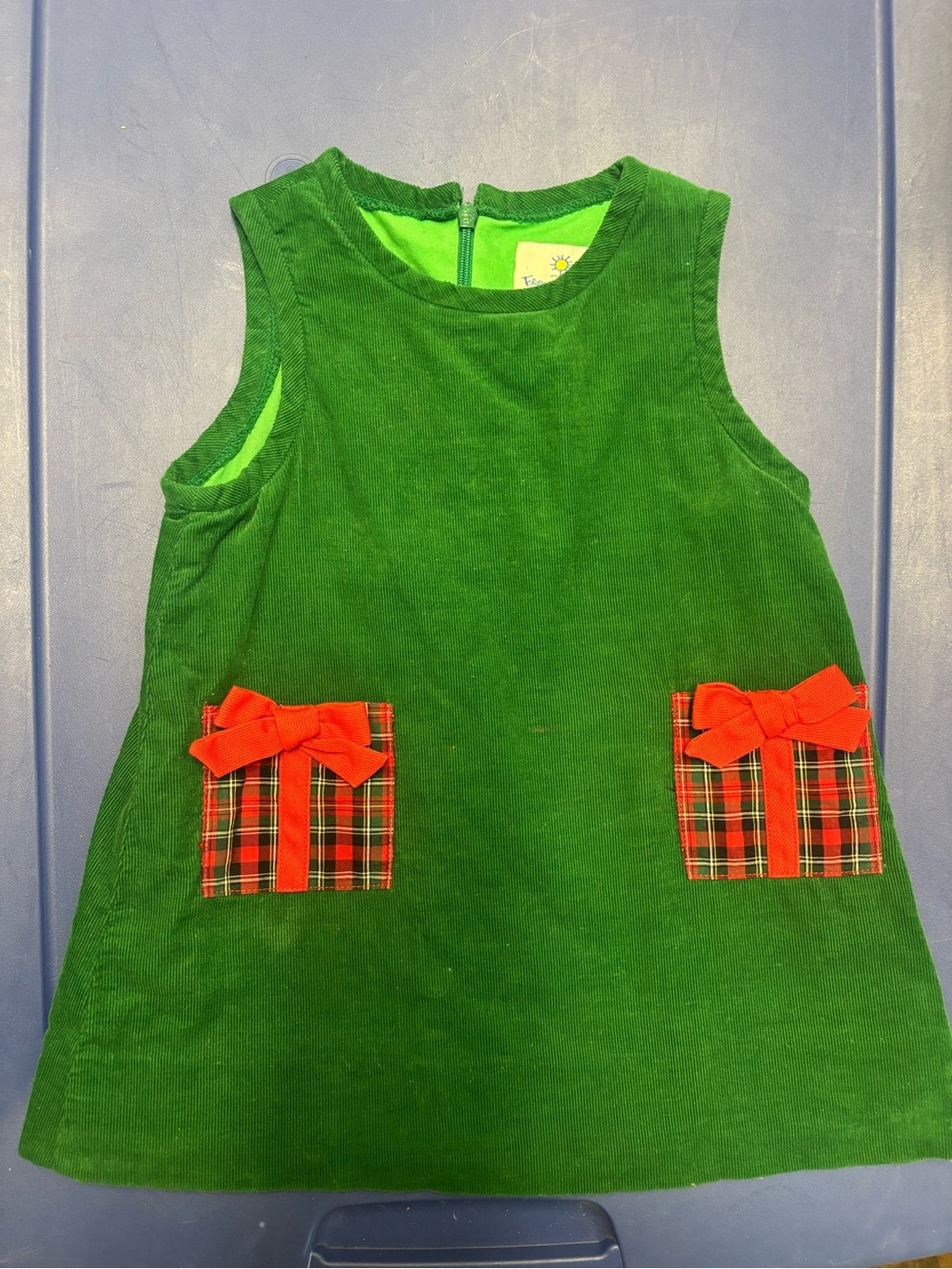 Florence Eiseman Green Corduroy Pinafore Dress with Red Plaid Pockets